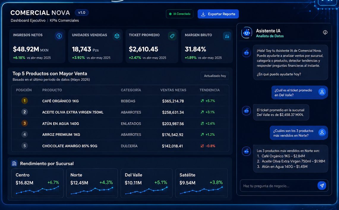 Tablero ejecutivo con indicadores de ventas y asistente de IA que responde preguntas de negocio
