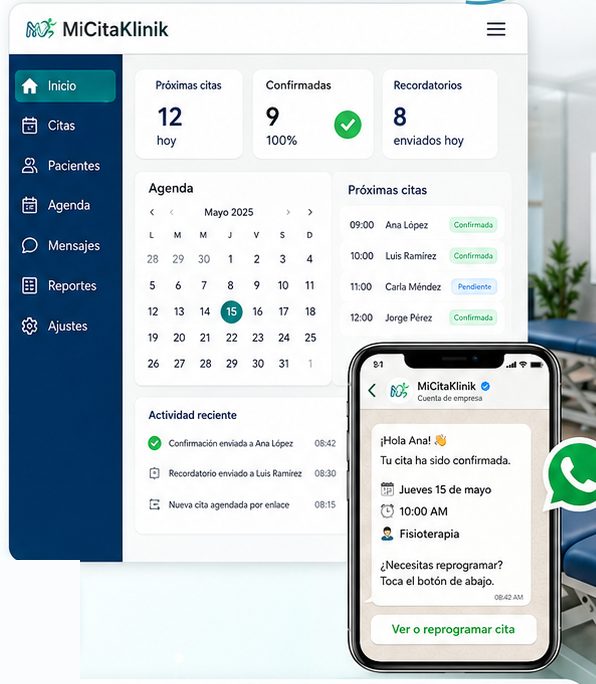 Panel de MiCitaKlinik con agenda, próximas citas y confirmación por WhatsApp en el celular