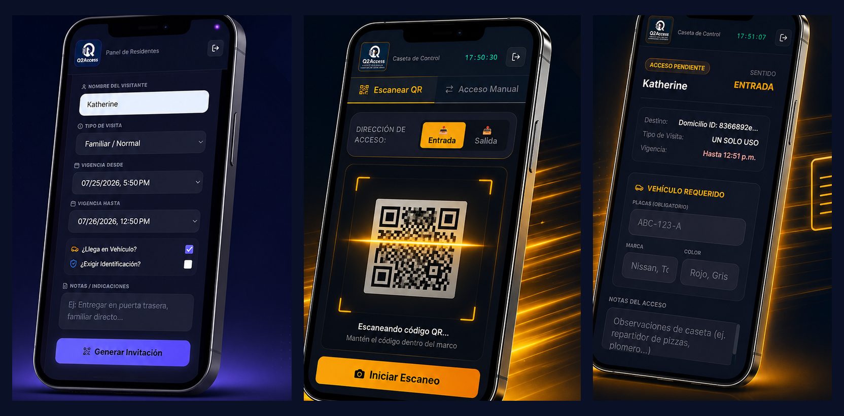 Pantallas reales de Q2Access: el residente genera la invitación, la caseta escanea el código QR y el acceso queda registrado